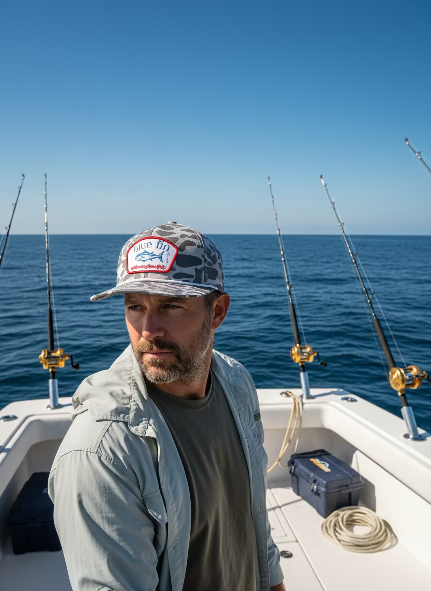 Salty Camo- Blue Fin Hat (adult)